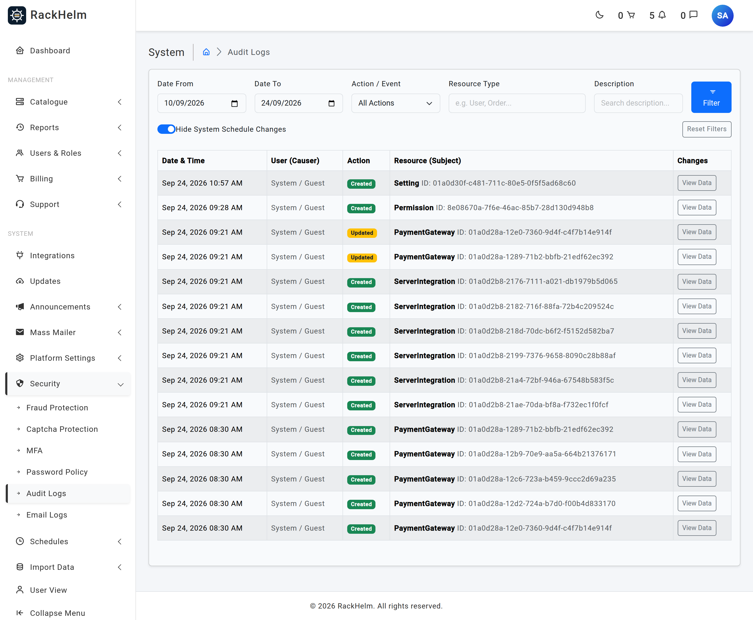 The Audit Logs screen with a filter bar above a table of dated activity rows