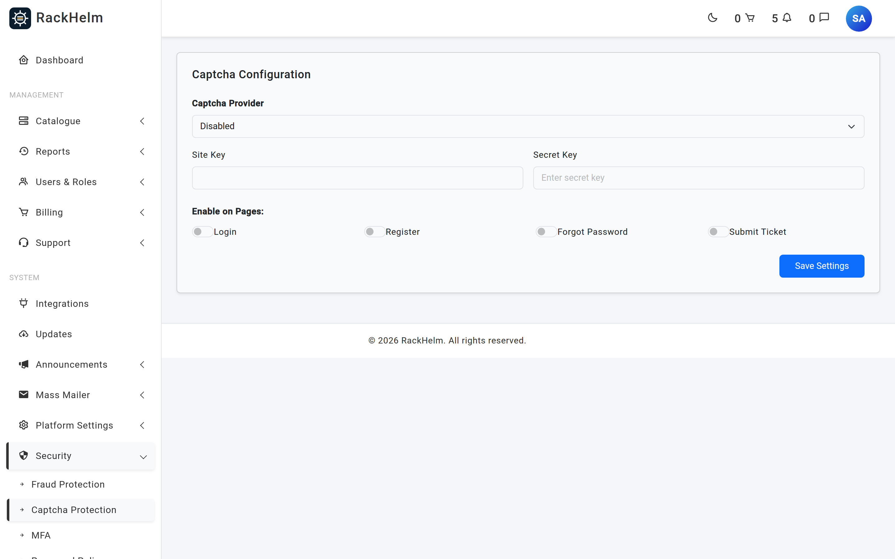 The Captcha Configuration screen with provider, site key, secret key and per-page checkboxes