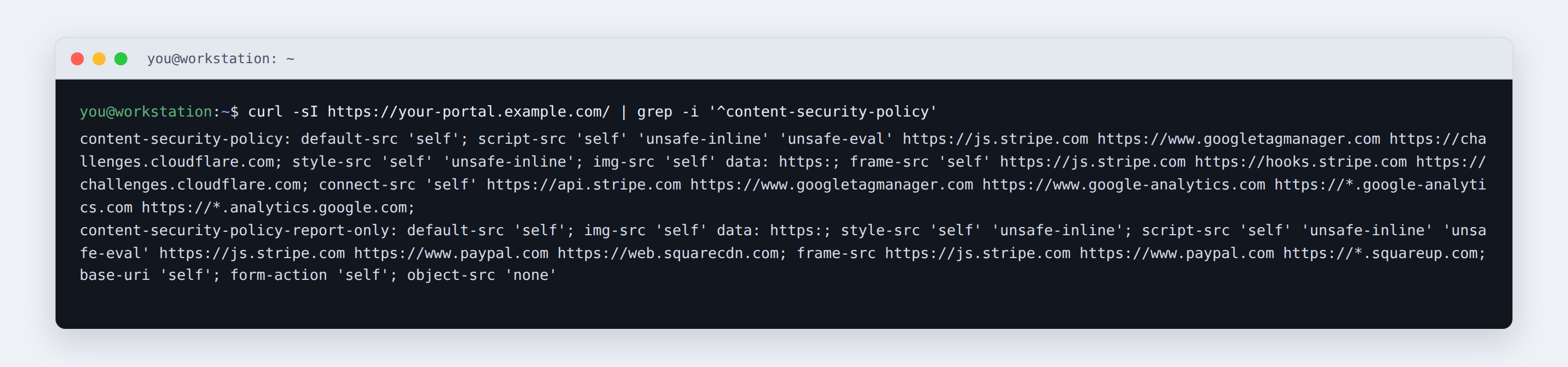 Browser developer tools showing a single Content-Security-Policy response header