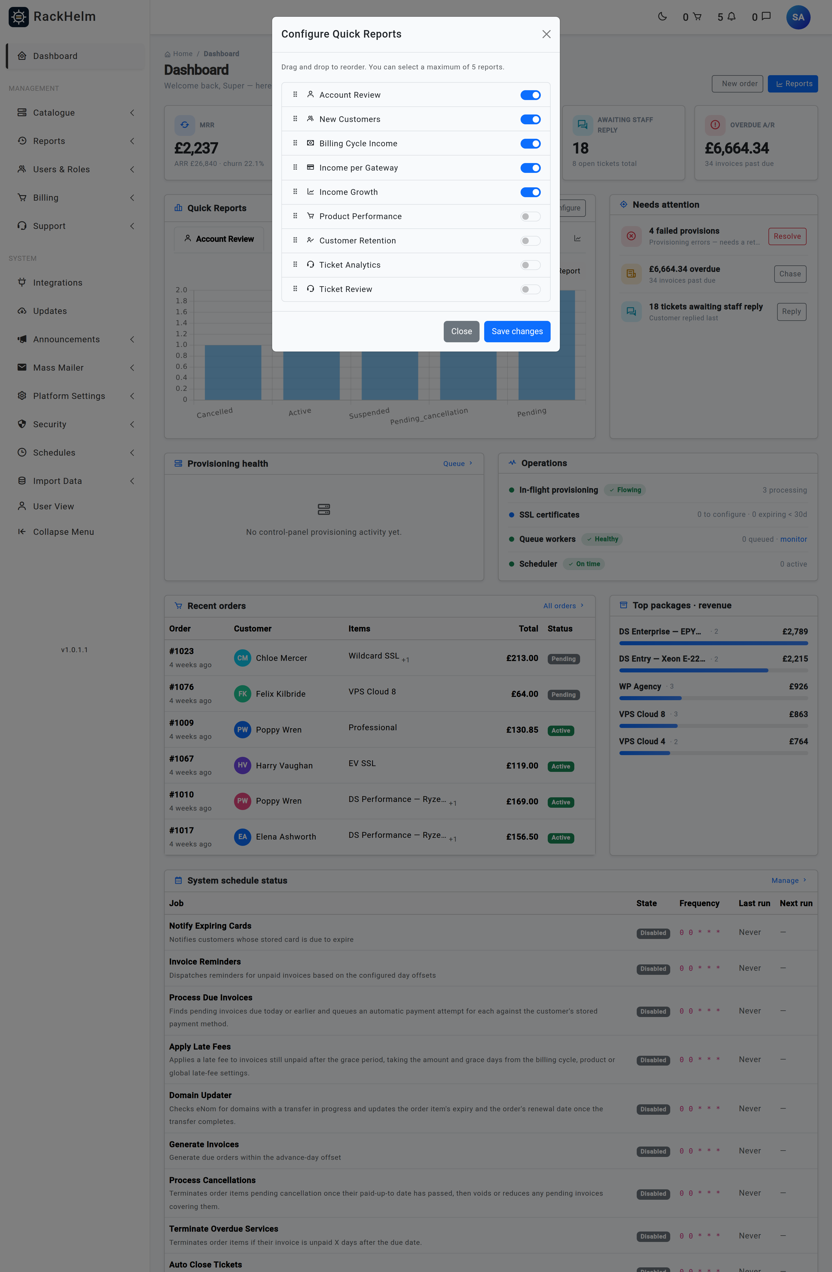 The Configure Quick Reports dialog listing every report with a drag handle and an on/off switch