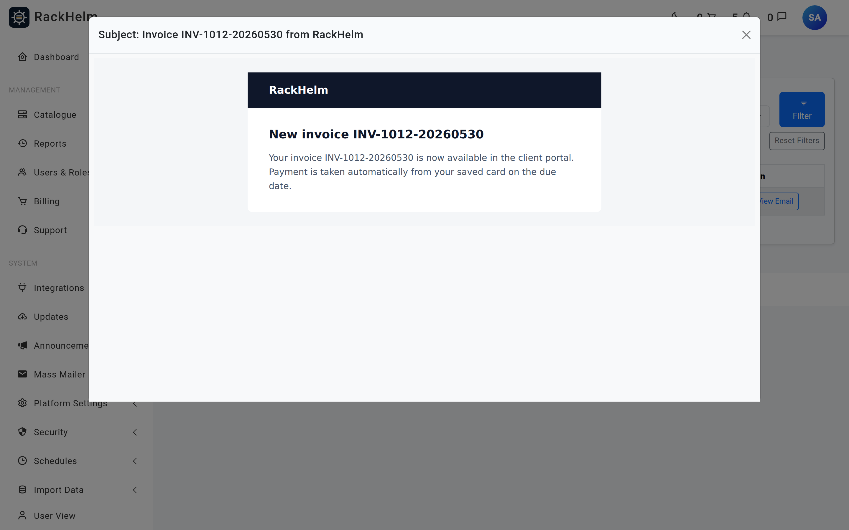 An email log row expanded to show the rendered HTML body of a sent message