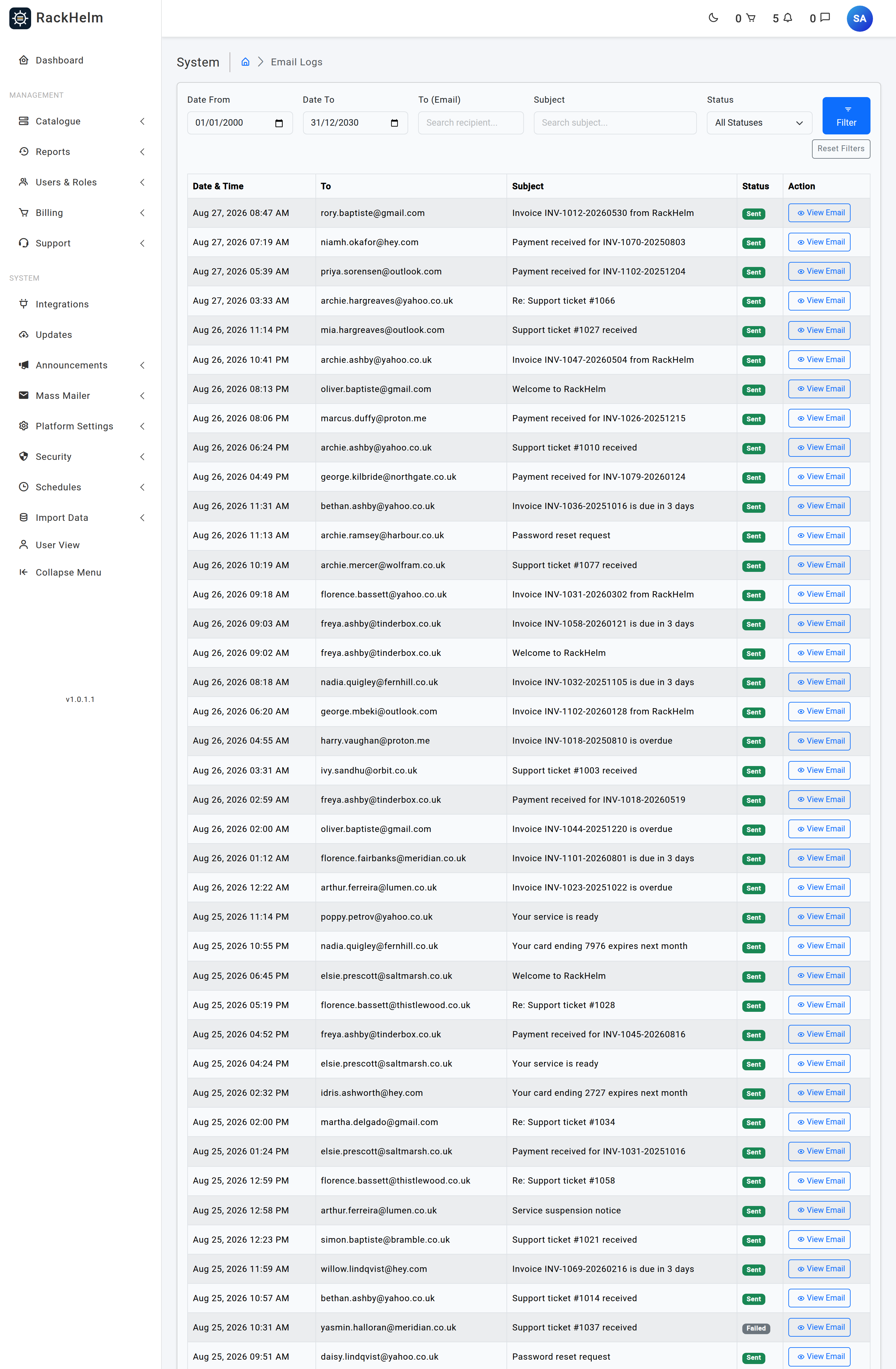 The Email Logs screen with date range, recipient, subject and status filters above a table of sent messages