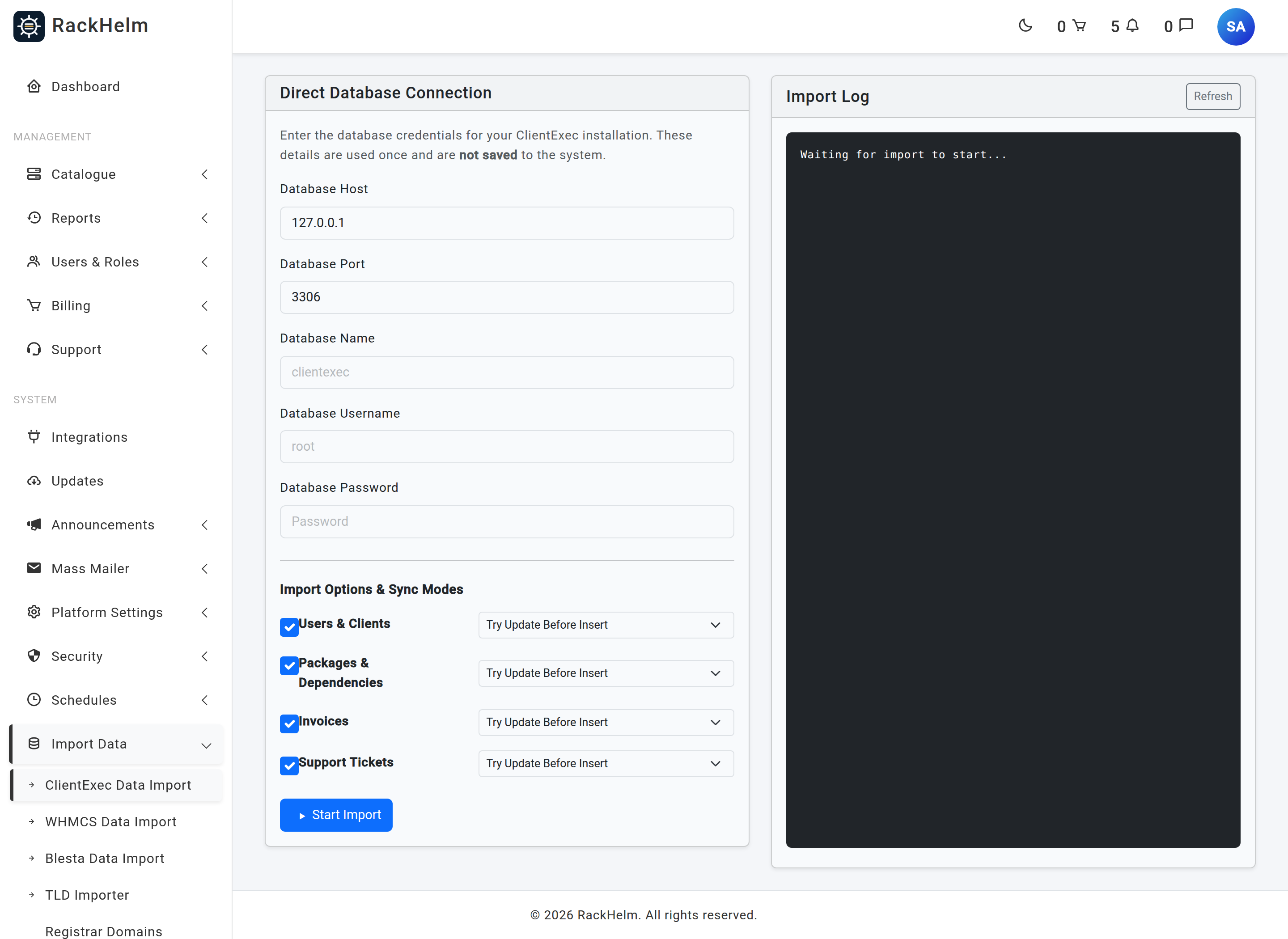 The ClientExec import screen with database connection fields and per-entity sync modes