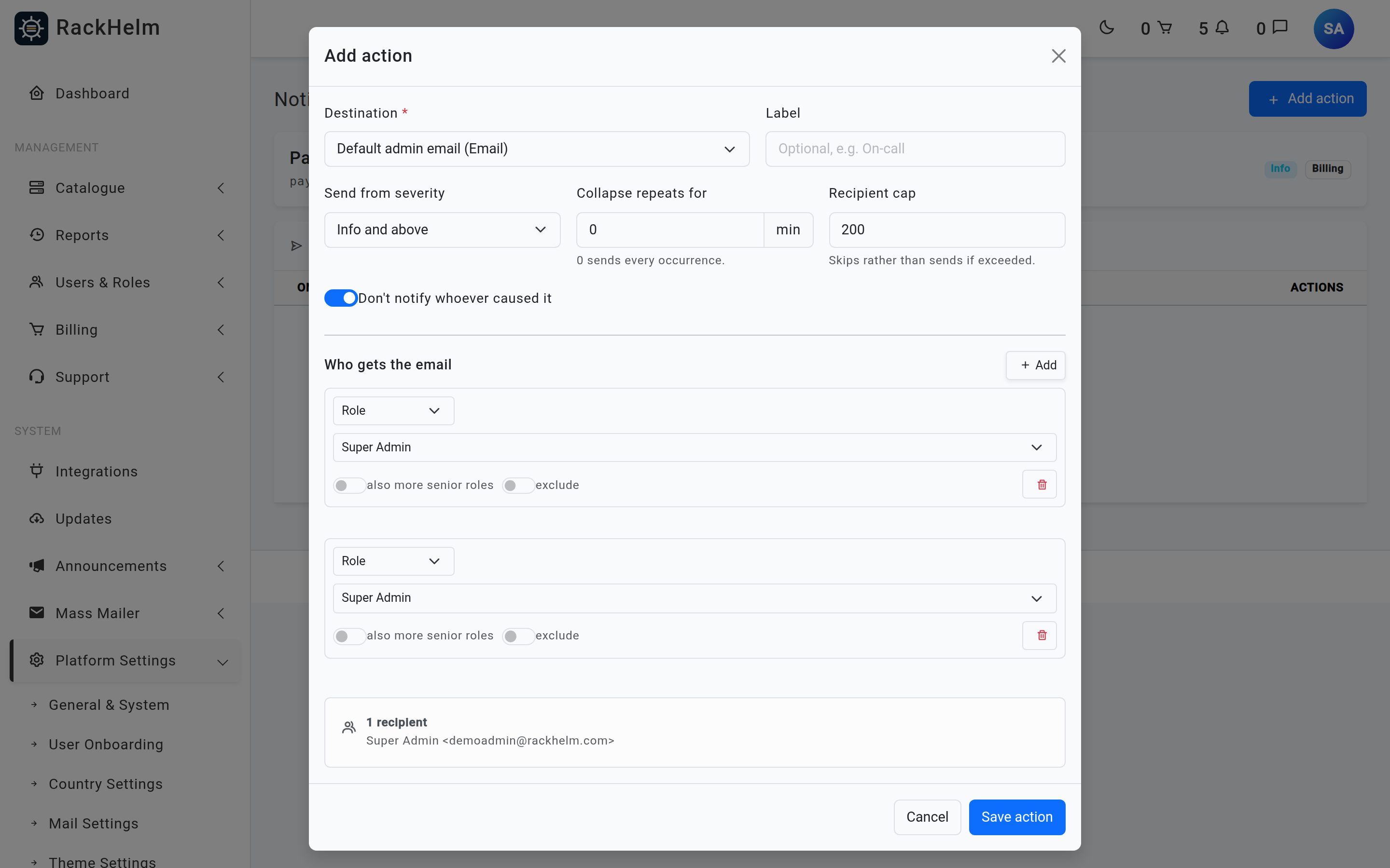 The Add action dialog showing destination, severity, throttle, recipient cap and the audience builder