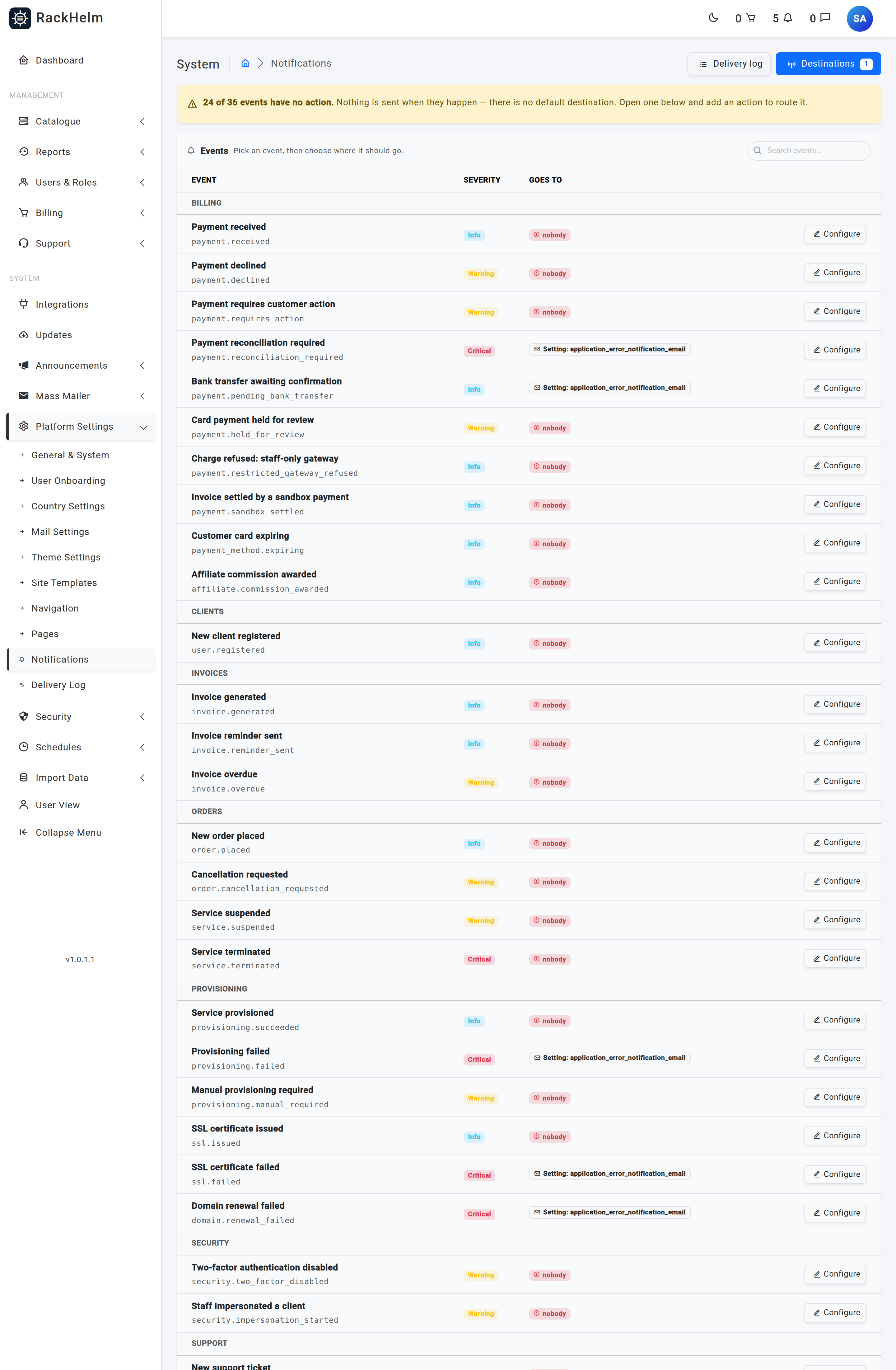 The Notifications events screen listing grouped events with their configured actions