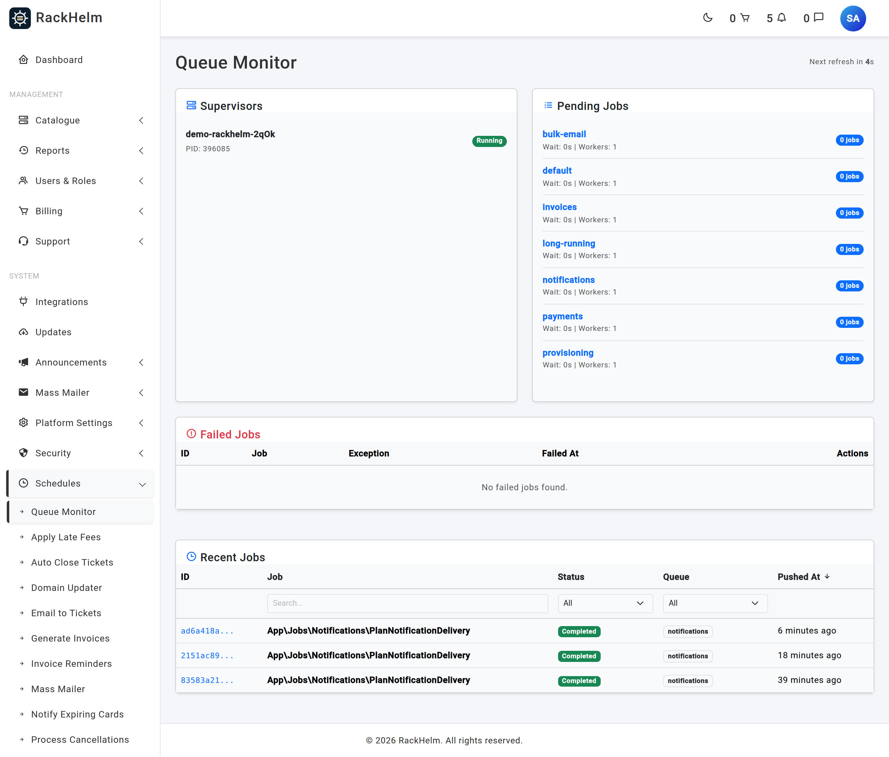 The Queue Monitor showing worker status, per-queue workload, recent jobs and failed jobs