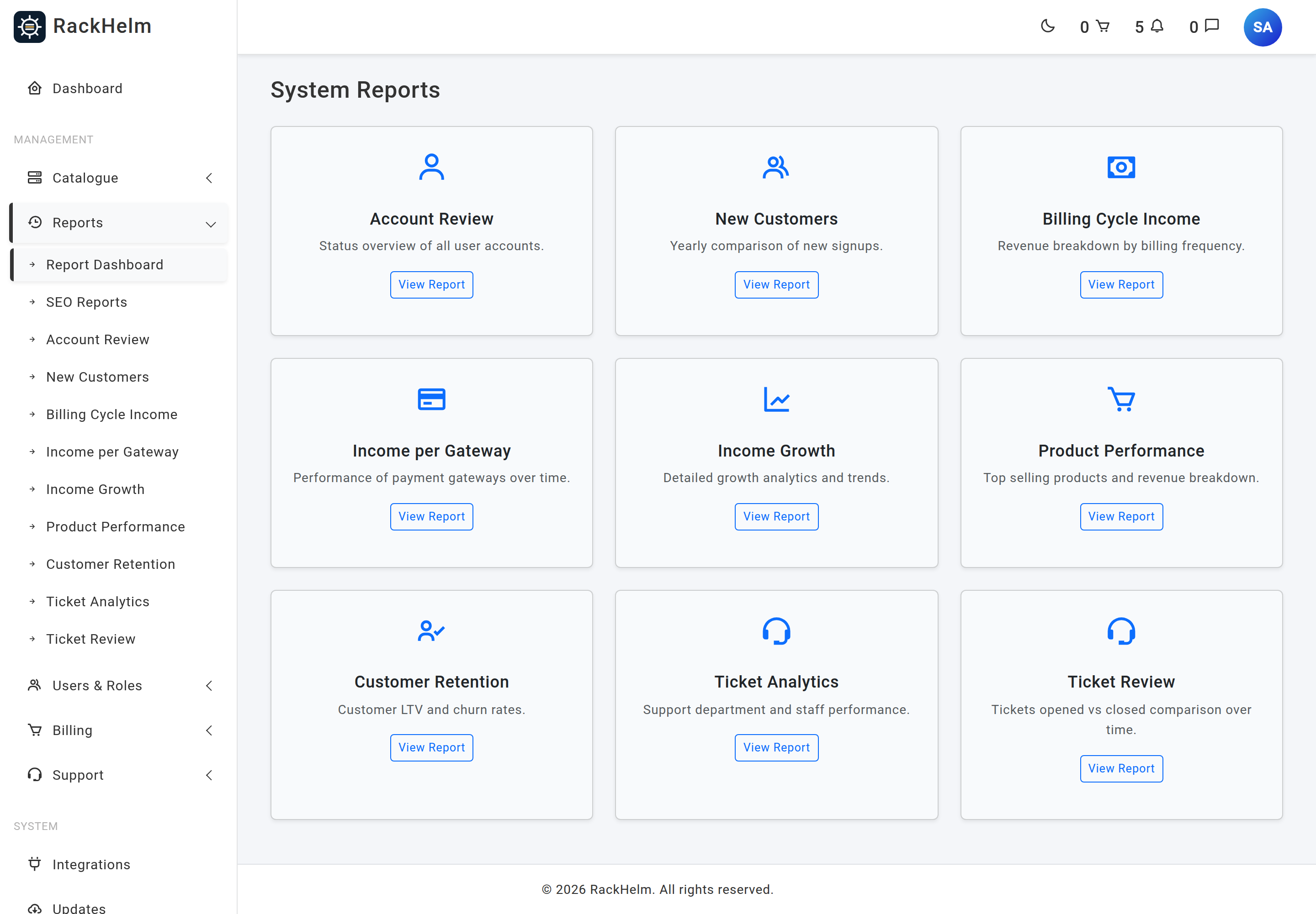 The System Reports index showing a card for each available report