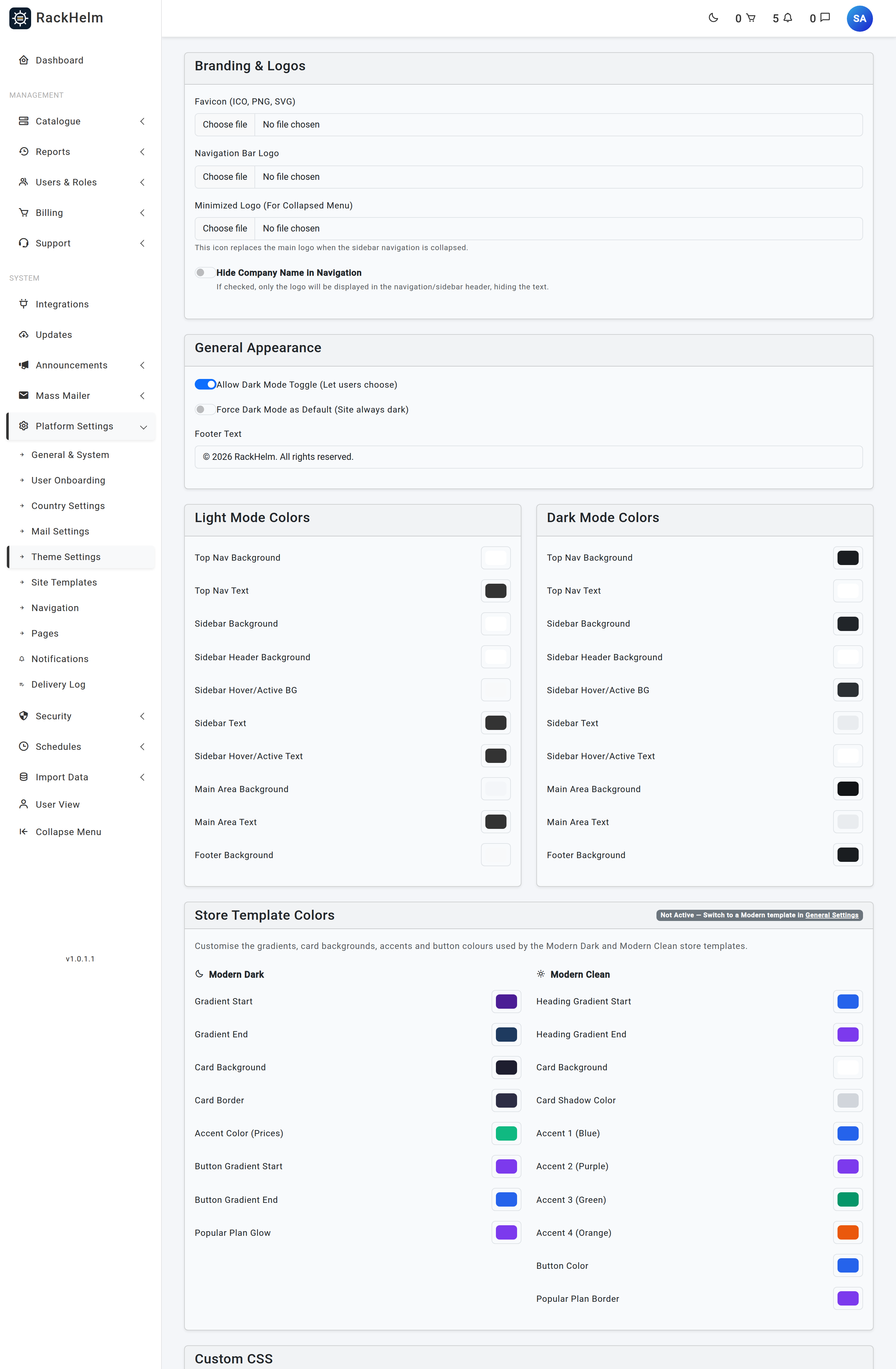 The Theme Settings screen showing the branding uploads and the light and dark colour palettes
